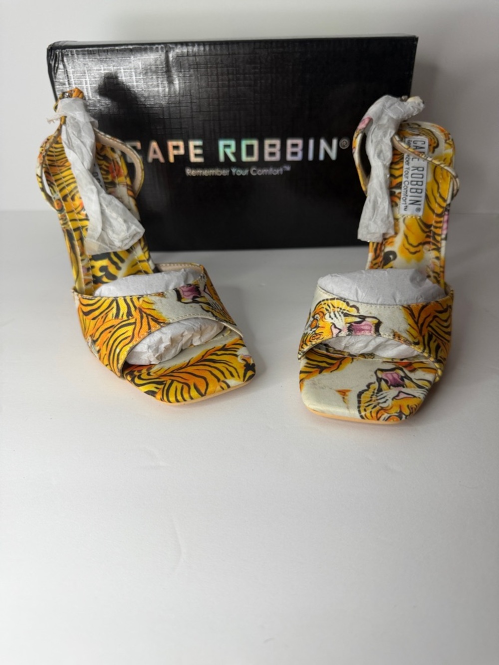 Cape Robbin Yellow Tiger-Print Open-Toe Heels with Orange Accent - Picture 2 of 9